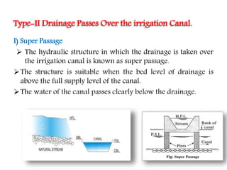 I) Super Passage
 The hydraulic structure in which the drainage is taken over
the irrigation canal is known as super passage.
The structure is suitable when the bed level of drainage is
above the full supply level of the canal.
The water of the canal passes clearly below the drainage.
Type-II Drainage Passes Over the irrigation Canal.
 