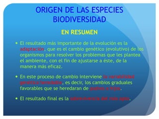ORIGEN DE LAS ESPECIES
BIODIVERSIDAD
EN RESUMEN
 El resultado más importante de la evolución es la
adaptación, que es el cambio genético (evolutivo) de los
organismos para resolver los problemas que les plantea
el ambiente, con el fin de ajustarse a éste, de la
manera más eficaz.
 En este proceso de cambio interviene la variabilidad
genética heredable, es decir, los cambios graduales
favorables que se heredaran de padres a hijos.
 El resultado final es la sobrevivencia del más apto.
 