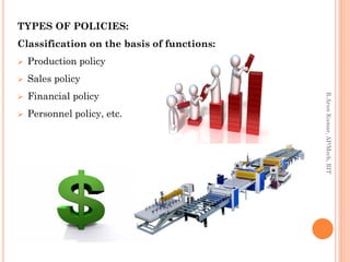 TYPES OF POLICIES:
Classification on the basis of functions:
 Production policy
 Sales policy
 Financial policy
 Personnel policy, etc.
R.ArunKumar,AP/Mech,RIT
 
