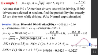 14
Assume that 6% of American drivers text while driving. If 300
drivers are selected at random, find the probability that exactly
25 say they text while driving. (Use Normal approximation)
Example 2
Solution: Given: Binomial Distribution(BD), n = 300 & p = 0.06
np = (300)(0.06) = 18 ≥ 5 and nq = (300)(0.94) = 282 ≥ 5
  
300(0.06) 18
300 0.06 0.94 4.1134
np
npq


  
  
, , 5, 5np npq np nq    
x
z




: ( 25)BD P x   : (24.5 25.5)ND P x  
24.5 18 25.5 18
1.58, 1.82
4.11 4.11
 
   z z
0.9656 – 0.9429 = 0.0227: (1.58 1.82)SND P z  
 