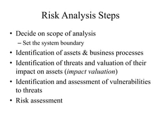 Risk Analysis Steps
• Decide on scope of analysis
– Set the system boundary
• Identification of assets & business processes
• Identification of threats and valuation of their
impact on assets (impact valuation)
• Identification and assessment of vulnerabilities
to threats
• Risk assessment
 