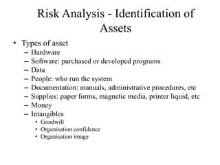 Risk Analysis - Identification of
Assets
• Types of asset
– Hardware
– Software: purchased or developed programs
– Data
– People: who run the system
– Documentation: manuals, administrative procedures, etc
– Supplies: paper forms, magnetic media, printer liquid, etc
– Money
– Intangibles
• Goodwill
• Organisation confidence
• Organisation image
 
