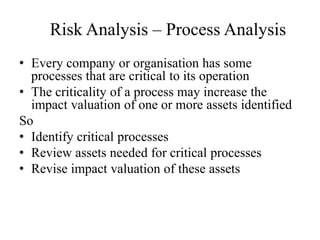 Risk Analysis – Process Analysis
• Every company or organisation has some
processes that are critical to its operation
• The criticality of a process may increase the
impact valuation of one or more assets identified
So
• Identify critical processes
• Review assets needed for critical processes
• Revise impact valuation of these assets
 