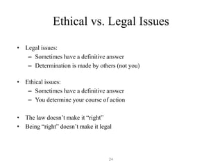 24
Ethical vs. Legal Issues
• Legal issues:
– Sometimes have a definitive answer
– Determination is made by others (not you)
• Ethical issues:
– Sometimes have a definitive answer
– You determine your course of action
• The law doesn’t make it “right”
• Being “right” doesn’t make it legal
 