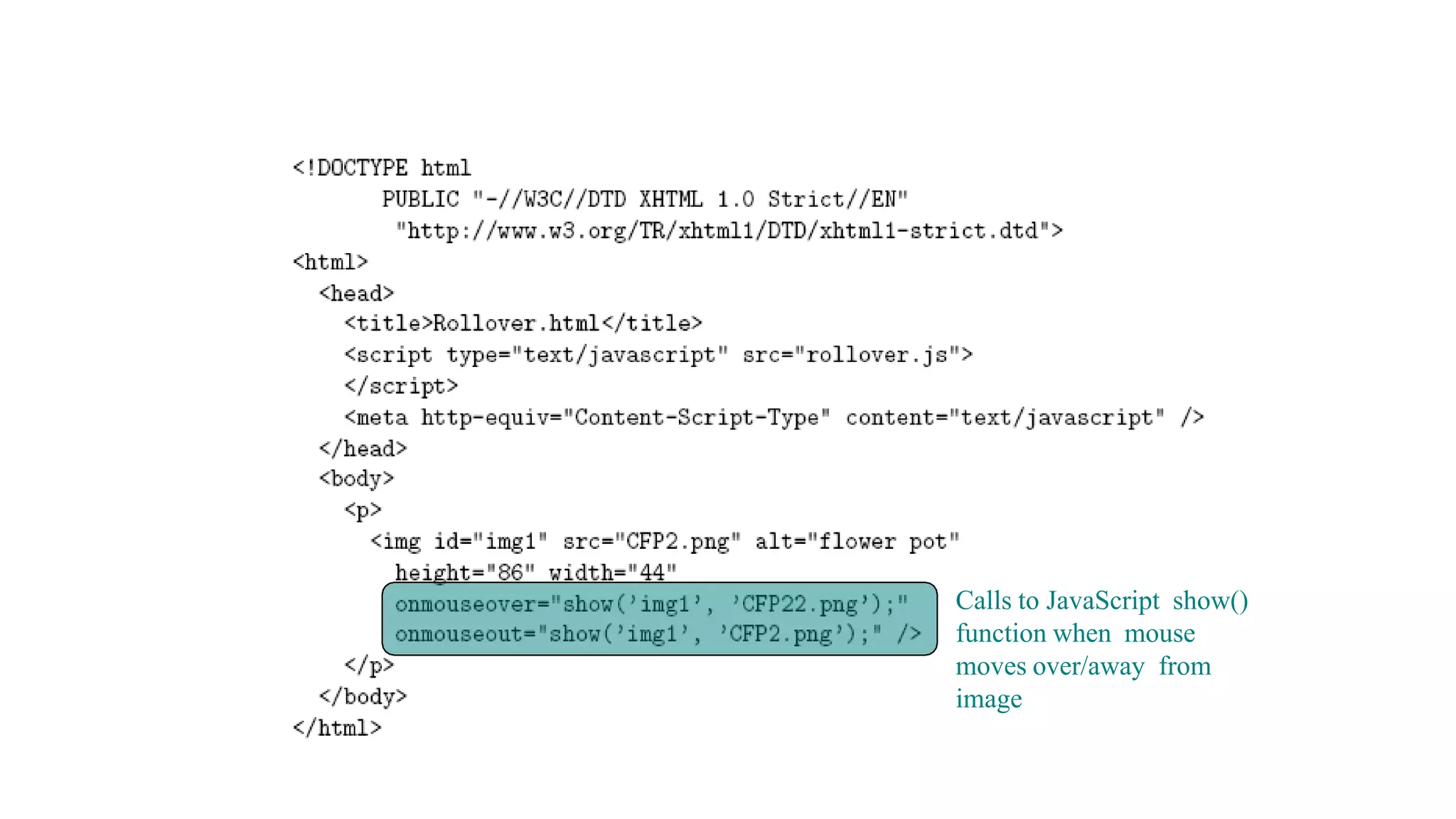 Calls to JavaScript show()
function when mouse
moves over/away from
image
 