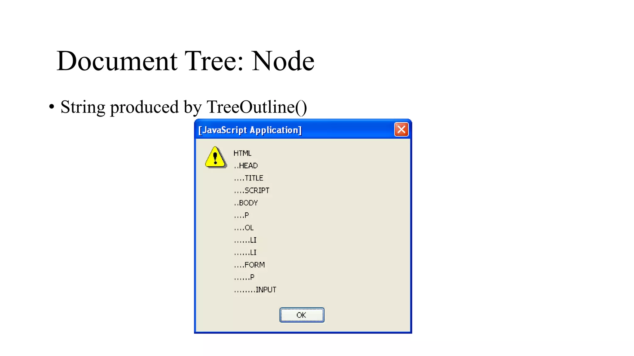 Document Tree: Node
• String produced by TreeOutline()
 