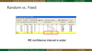 Saudi Board of Preventive Medicine, Riyadh Ministry of Health, KSA Lecture 06/10
Dr. S. A. Rizwan, M.D.Demystifying statistics series: Meta-analysis course
Random vs. Fixed
25.11.2019 19
RE confidence interval is wider
 