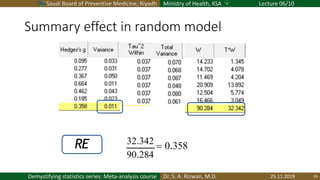 Saudi Board of Preventive Medicine, Riyadh Ministry of Health, KSA Lecture 06/10
Dr. S. A. Rizwan, M.D.Demystifying statistics series: Meta-analysis course
Summary effect in random model
25.11.2019 26
90.284
32.342
= 0.358RE
 