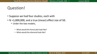 Saudi Board of Preventive Medicine, Riyadh Ministry of Health, KSA Lecture 06/10
Dr. S. A. Rizwan, M.D.Demystifying statistics series: Meta-analysis course
Question!
• Suppose we had four studies, each with
• N =1,000,000, and a true (mean) effect size of 50.
• Under the two models,
• What would the forest plot look like?
• What would the diamond look like?
25.11.2019 31
 