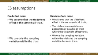 Saudi Board of Preventive Medicine, Riyadh Ministry of Health, KSA Lecture 06/10
Dr. S. A. Rizwan, M.D.Demystifying statistics series: Meta-analysis course
ES assumptions
Fixed effect model
• We assume that the treatment
effect is the same in all trials.
• We use only the sampling
variation within the trials.
Random effects model
• We assume that the treatment
effect is the not same in all trials.
• The trials are a sample from a
population of possible of trials
where the treatment effect varies.
• We use the sampling variation
within the trials and the sampling
variation between trials.
25.11.2019 44
 