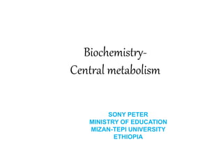 Biochemistry-
Central metabolism
SONY PETER
MINISTRY OF EDUCATION
MIZAN-TEPI UNIVERSITY
ETHIOPIA
 