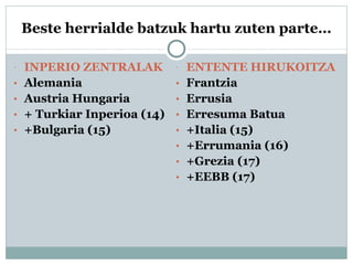 Beste herrialde batzuk hartu zuten parte…
 INPERIO ZENTRALAK
• Alemania
• Austria Hungaria
• + Turkiar Inperioa (14)
• +Bulgaria (15)
 ENTENTE HIRUKOITZA
• Frantzia
• Errusia
• Erresuma Batua
• +Italia (15)
• +Errumania (16)
• +Grezia (17)
• +EEBB (17)
 