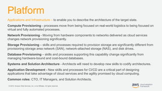 © 2019, Amazon Web Services, Inc. or its Affiliates. All rights reserved.
Platform
Applications and Infrastructure – to enable you to describe the architecture of the target state.
Compute Provisioning - processes move from being focused on real-world logistics to being focused on
virtual and fully automated processes.
Network Provisioning - Moving from hardware components to networks delivered as cloud services
changes network provisioning significantly.
Storage Provisioning – skills and processes required to provision storage are significantly different from
provisioning storage area network (SAN), network-attached storage (NAS), and disk drives.
Database Provisioning – skills and processes supporting this capability change significantly from
managing hardware-bound and cost-bound databases.
Systems and Solution Architecture - Architects will need to develop new skills to codify architectures.
Application Development - New skills and processes for CI/CD are a critical part of designing
applications that take advantage of cloud services and the agility promised by cloud computing.
Common roles: CTO, IT Managers, and Solution Architects.
 