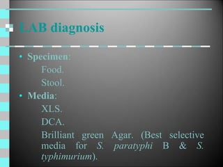 LAB diagnosis
• Specimen:
Food.
Stool.
• Media:
XLS.
DCA.
Brilliant green Agar. (Best selective
media for S. paratyphi B & S.
typhimurium).
 