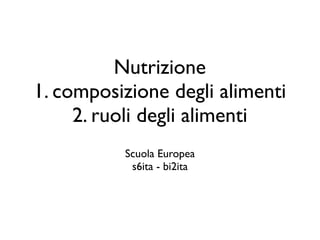Nutrizione
1. composizione degli alimenti
     2. ruoli degli alimenti
          Scuola Europea
           s6ita - bi2ita
 