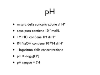 pH
•   misura della concentrazione di H+

•   aqua pura contiene 10-7 mol/L

•   1M HCl contiene 1M di H+

•   IM NaOH contiene 10-14M di H+

•   - logaritmo della concentrazione

•   pH = -log10[H+]

•   pH sangue = 7.4
 