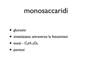 monosaccaridi

• glucosio
• sintetizzato attraverso la fotosintesi
• esosi - C H O
            6   12   6

• pentosi
 