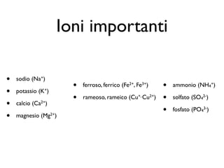 Ioni importanti

•   sodio (Na+)
                      •   ferroso, ferrico (Fe2+, Fe3+)   •   ammonio (NH4+)
•   potassio (K+)
                      •   rameoso, rameico (Cu+, Cu2+)    •   solfato (SO42-)
•   calcio (Ca2+)
                                                          •   fosfato (PO43-)
•   magnesio (Mg2+)
 