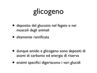 glicogeno
• deposito del glucosio nel fegato e nei
  muscoli degli animali
• altamente ramiﬁcata

• dunque amido e glicogeno sono depositi di
  atomi di carbonio ed energia di riserva
• enzimi speciﬁci digeriscono i vari glucidi
 