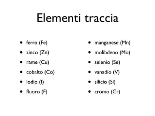 Elementi traccia
•   ferro (Fe)     •   manganese (Mn)

•   zinco (Zn)     •   molibdeno (Mo)

•   rame (Cu)      •   selenio (Se)

•   cobalto (Co)   •   vanadio (V)

•   iodio (I)      •   silicio (Si)

•   ﬂuoro (F)      •   cromo (Cr)
 