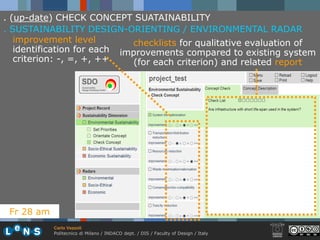 . (up-date) CHECK CONCEPT SUATAINABILITY
. SUSTAINABILITY DESIGN-ORIENTING / ENVIRONMENTAL RADAR
   improvement level         checklists for qualitative evaluation of
   identification for each improvements compared to existing system
   criterion: -, =, +, ++    (for each criterion) and related report




 Fr 28 am
            Carlo Vezzoli
            Politecnico di Milano / INDACO dept. / DIS / Faculty of Design / Italy
 