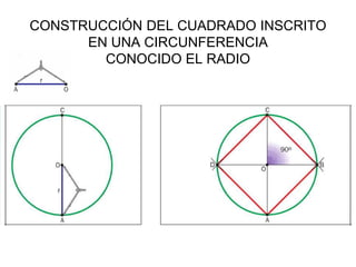 CONSTRUCCIÓN DEL CUADRADO INSCRITO
      EN UNA CIRCUNFERENCIA
        CONOCIDO EL RADIO
 