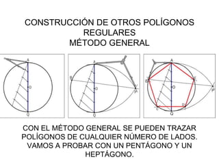 CONSTRUCCIÓN DE OTROS POLÍGONOS
          REGULARES
       MÉTODO GENERAL




CON EL MÉTODO GENERAL SE PUEDEN TRAZAR
POLÍGONOS DE CUALQUIER NÚMERO DE LADOS.
 VAMOS A PROBAR CON UN PENTÁGONO Y UN
              HEPTÁGONO.
 