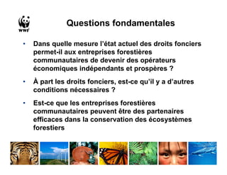 Questions fondamentales

•   Dans quelle mesure l’état actuel des droits fonciers
    permet-il aux entreprises forestières
    communautaires de devenir des opérateurs
    économiques indépendants et prospères ?
•   À part les droits fonciers, est-ce qu’il y a d’autres
    conditions nécessaires ?
•   Est-ce que les entreprises forestières
    communautaires peuvent être des partenaires
    efficaces dans la conservation des écosystèmes
    forestiers
 