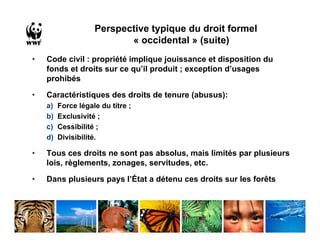 Perspective typique du droit formel
                           « occidental » (suite)
•   Code civil : propriété implique jouissance et disposition du
    fonds et droits sur ce qu’il produit ; exception d’usages
    prohibés

•   Caractéristiques des droits de tenure (abusus):
    a)   Force légale du titre ;
    b)   Exclusivité ;
    c)   Cessibilité ;
    d)   Divisibilité.

•   Tous ces droits ne sont pas absolus, mais limités par plusieurs
    lois, règlements, zonages, servitudes, etc.

•   Dans plusieurs pays l’État a détenu ces droits sur les forêts
 