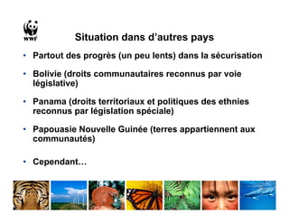Situation dans d’autres pays
• Partout des progrès (un peu lents) dans la sécurisation

• Bolivie (droits communautaires reconnus par voie
  législative)

• Panama (droits territoriaux et politiques des ethnies
  reconnus par législation spéciale)

• Papouasie Nouvelle Guinée (terres appartiennent aux
  communautés)

• Cependant…
 