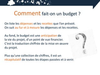 Comment fait-on un budget ?
On liste les dépenses et les recettes que l’on prévoit.
On suit au fur et à mesure les dépenses et les recettes.

Au fond, le budget est une anticipation de
la vie du projet, d’un point de vue financier.
C’est la traduction chiffrée de la mise en œuvre
du projet.

Plus qu’une collection de chiffres, il est un
récapitulatif de toutes les étapes passées et à venir.
 