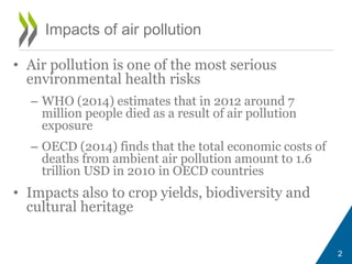 2 
Impacts of air pollution 
• Air pollution is one of the most serious 
environmental health risks 
– WHO (2014) estimates that in 2012 around 7 
million people died as a result of air pollution 
exposure 
– OECD (2014) finds that the total economic costs of 
deaths from ambient air pollution amount to 1.6 
trillion USD in 2010 in OECD countries 
• Impacts also to crop yields, biodiversity and 
cultural heritage 
 