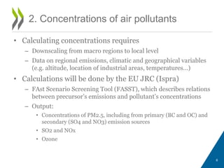 • Calculating concentrations requires 
– Downscaling from macro regions to local level 
– Data on regional emissions, climatic and geographical variables 
(e.g. altitude, location of industrial areas, temperatures…) 
• Calculations will be done by the EU JRC (Ispra) 
– FAst Scenario Screening Tool (FASST), which describes relations 
between precursor’s emissions and pollutant’s concentrations 
– Output: 
• Concentrations of PM2.5, including from primary (BC and OC) and 
secondary (SO4 and NO3) emission sources 
• SO2 and NOx 
• Ozone 
6 
2. Concentrations of air pollutants 
 