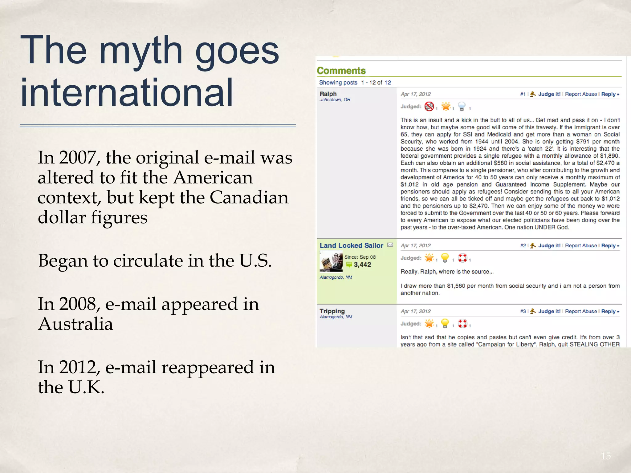 The myth goes
international
In 2007, the original e-mail was
altered to fit the American
context, but kept the Canadian
dollar figures

Began to circulate in the U.S.

In 2008, e-mail appeared in
Australia

In 2012, e-mail reappeared in
the U.K.


                                   15
 