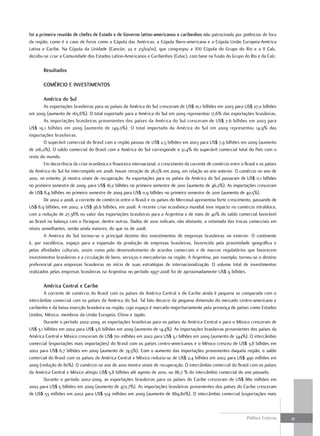 foi a primeira reunião de chefes de Estado e de Governo latino-americanos e caribenhos não patrocinada por potências de fora
da região, como é o caso de foros como a Cúpula das Américas, a Cúpula Ibero-americana e a Cúpula União Europeia-América
Latina e Caribe. Na Cúpula da Unidade (Cancún, 22 e 23/02/10), que congregou a XXI Cúpula do Grupo do Rio e a II Calc,
decidiu-se criar a Comunidade dos Estados Latino-Americanos e Caribenhos (Celac), com base na fusão do Grupo do Rio e da Calc.

       resultados

       comércio E invEStimEntoS

       américa do Sul
        As exportações brasileiras para os países da América do Sul cresceram de US$ 10,1 bilhões em 2003 para US$ 27,0 bilhões
em 2009 (aumento de 165,6%). O total exportado para a América do Sul em 2009 representou 17,6% das exportações brasileiras.
        As importações brasileiras provenientes dos países da América do Sul cresceram de US$ 7,6 bilhões em 2003 para
US$ 19,1 bilhões em 2009 (aumento de 149,0%). O total importado da América do Sul em 2009 representou 14,9% das
importações brasileiras.
        O superávit comercial do Brasil com a região passou de US$ 2,5 bilhões em 2003 para US$ 7,9 bilhões em 2009 (aumento
de 216,2%). O saldo comercial do Brasil com a América do Sul corresponde a 31,4% do superávit comercial total do País com o
resto do mundo.
        Em decorrência da crise econômica e financeira internacional, o crescimento da corrente de comércio entre o Brasil e os países
da América do Sul foi interrompido em 2008: houve retração de 26,5% em 2009, em relação ao ano anterior. O comércio no ano de
2010, no entanto, já mostra sinais de recuperação. As exportações para os países da América do Sul passaram de US$ 11,1 bilhões
no primeiro semestre de 2009, para US$ 16,2 bilhões no primeiro semestre de 2010 (aumento de 46,2%). As importações cresceram
de US$ 8,4 bilhões no primeiro semestre de 2009 para US$ 11,9 bilhões no primeiro semestre de 2010 (aumento de 40,5%).
        De 2002 a 2008, a corrente de comércio entre o Brasil e os países do Mercosul apresentou forte crescimento, passando de
US$ 8,9 bilhões, em 2002, a US$ 36,6 bilhões, em 2008. A recente crise econômica mundial teve impacto no comércio intrabloco,
com a redução de 27,38% no valor das exportações brasileiras para a Argentina e de mais de 40% do saldo comercial favorável
ao Brasil na balança com o Paraguai, dentre outras. Dados de 2010 indicam, não obstante, a retomada das trocas comerciais em
níveis semelhantes, senão ainda maiores, do que os de 2008.
        A América do Sul tornou-se o principal destino dos investimentos de empresas brasileiras no exterior. O continente
é, por excelência, espaço para a expansão da produção de empresas brasileiras, favorecida pela proximidade geográfica e
pelas afinidades culturais, assim como pelo desenvolvimento de acordos comerciais e de marcos regulatórios que favorecem
investimentos brasileiros e a circulação de bens, serviços e mercadorias na região. A Argentina, por exemplo, tornou-se o destino
preferencial para empresas brasileiras no início de suas estratégias de internacionalização. O volume total de investimentos
realizados pelas empresas brasileiras na Argentina no período 1997-2008 foi de aproximadamente US$ 9 bilhões.

       américa central e caribe
        A corrente de comércio do Brasil com os países da América Central e do Caribe ainda é pequena se comparada com o
intercâmbio comercial com os países da América do Sul. Tal fato decorre da pequena dimensão do mercado centro-americano e
caribenho e da baixa inserção brasileira na região, cujo espaço é marcado majoritariamente pela presença de países como Estados
Unidos, México, membros da União Europeia, China e Japão.
        Durante o período 2002-2009, as exportações brasileiras para os países da América Central e para o México cresceram de
US$ 3,1 bilhões em 2002 para US$ 3,6 bilhões em 2009 (aumento de 14,4%). As importações brasileiras provenientes dos países da
América Central e México cresceram de US$ 701 milhões em 2002 para US$ 3,1 bilhões em 2009 (aumento de 344%). O intercâmbio
comercial (exportações mais importações) do Brasil com os países centro-americanos e o México cresceu de US$ 3,8 bilhões em
2002 para US$ 6,7 bilhões em 2009 (aumento de 74,5%). Com o aumento das importações provenientes daquela região, o saldo
comercial do Brasil com os países da América Central e México reduziu-se de US$ 2,4 bilhões em 2002 para US$ 490 milhões em
2009 (redução de 80%). O comércio no ano de 2010 mostra sinais de recuperação. O intercâmbio comercial do Brasil com os países
da América Central e México atingiu US$ 5,8 bilhões até agosto de 2010, ou 86,7 % do intercâmbio comercial do ano passado.
        Durante o período 2002-2009, as exportações brasileiras para os países do Caribe cresceram de US$ 880 milhões em
2002 para US$ 5 bilhões em 2009 (aumento de 472,7%). As importações brasileiras provenientes dos países do Caribe cresceram
de US$ 53 milhões em 2002 para US$ 514 milhões em 2009 (aumento de 869,80%). O intercâmbio comercial (exportações mais



                                                                                                                      Política Externa   21
 