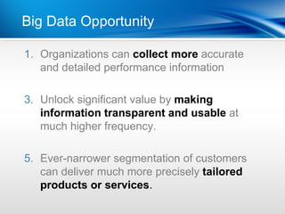 Big Data Opportunity

1. Organizations can collect more accurate
Pointdetailed performance information
   and
•Dot 1
3. Unlock significant value by making
•Dot 2
   information transparent and usable at
   much higher frequency.

5. Ever-narrower segmentation of customers
   can deliver much more precisely tailored
   products or services.
 