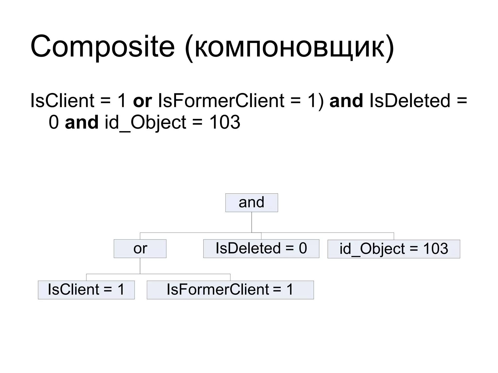 Composite ( компоновщик) IsClient = 1  or  IsFormerClient = 1)  and  IsDeleted = 0  and  id_Object = 103 