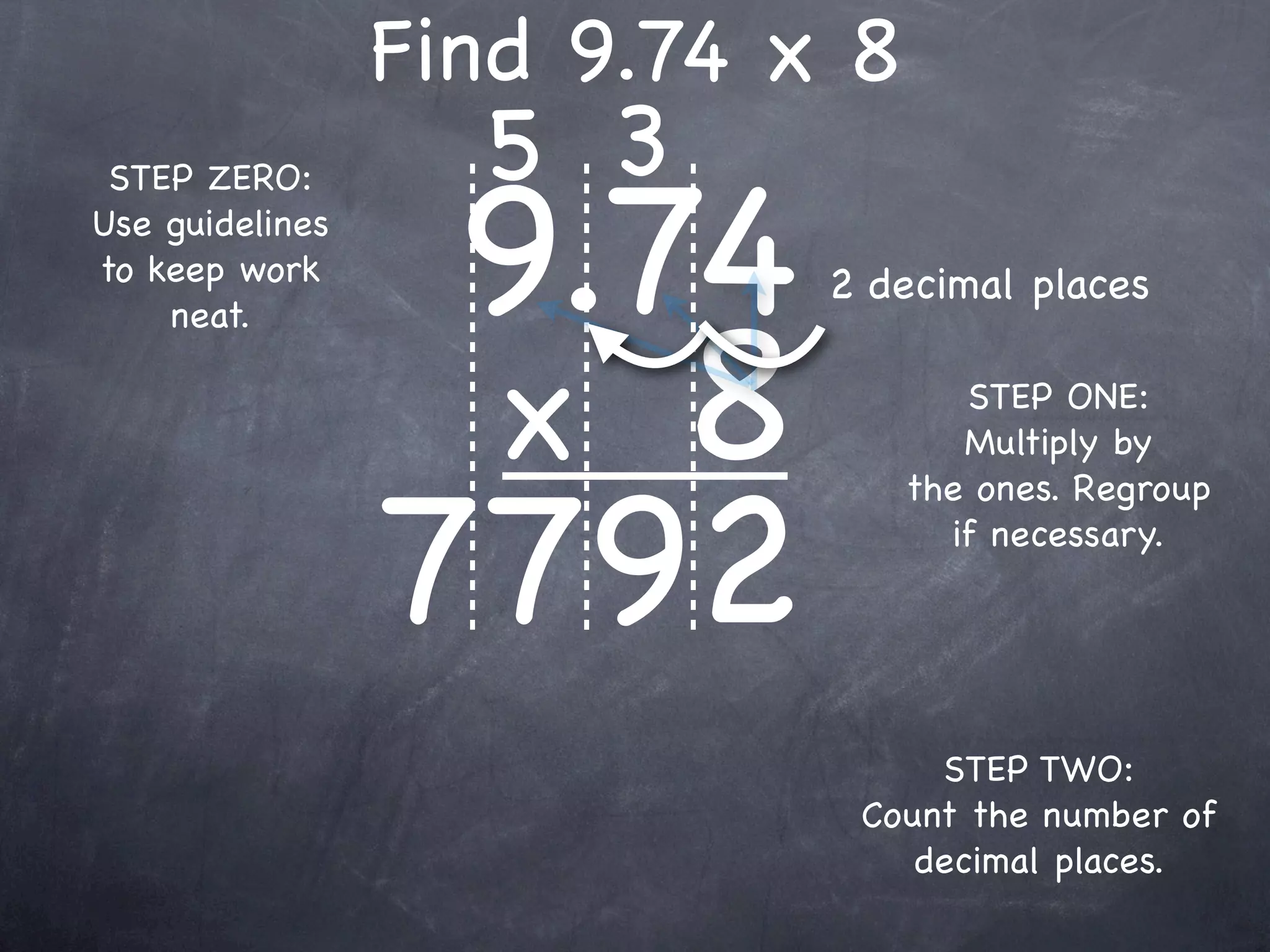 Find 9.74 x 8
                   5 3
                  9.74
 STEP ZERO:
Use guidelines
to keep work                2 decimal places


                  x 8
    neat.

                                    STEP ONE:
                                    Multiply by



                 7792
                                 the ones. Regroup
                                   if necessary.




                                 STEP TWO:
                             Count the number of
                                decimal places.
 