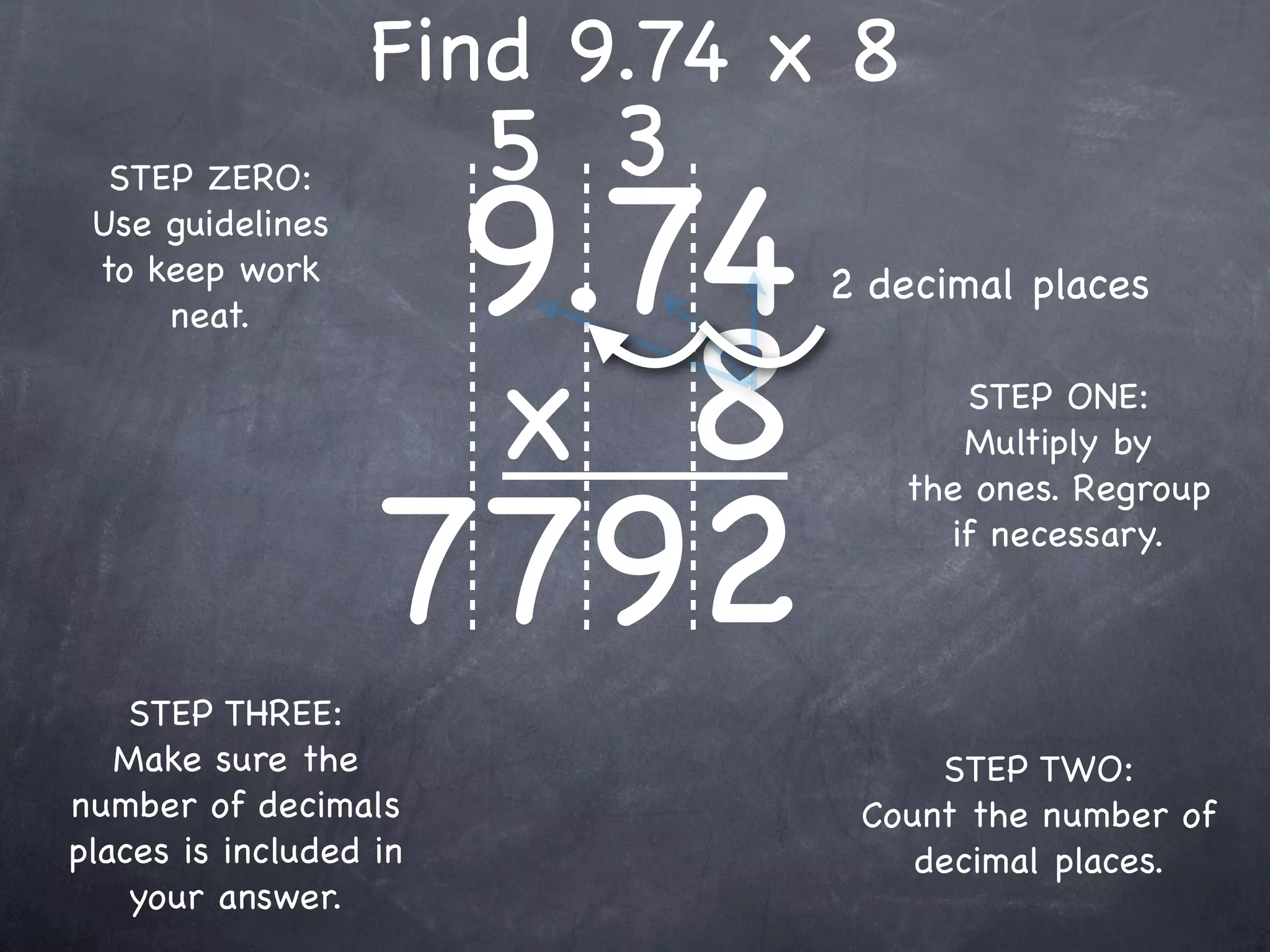 Find 9.74 x 8
                        5 3
                    9.74
  STEP ZERO:
 Use guidelines
 to keep work                 2 decimal places


                    x 8
     neat.

                                     STEP ONE:
                                     Multiply by



                   7792
                                  the ones. Regroup
                                    if necessary.



    STEP THREE:
   Make sure the                   STEP TWO:
number of decimals             Count the number of
places is included in             decimal places.
    your answer.
 