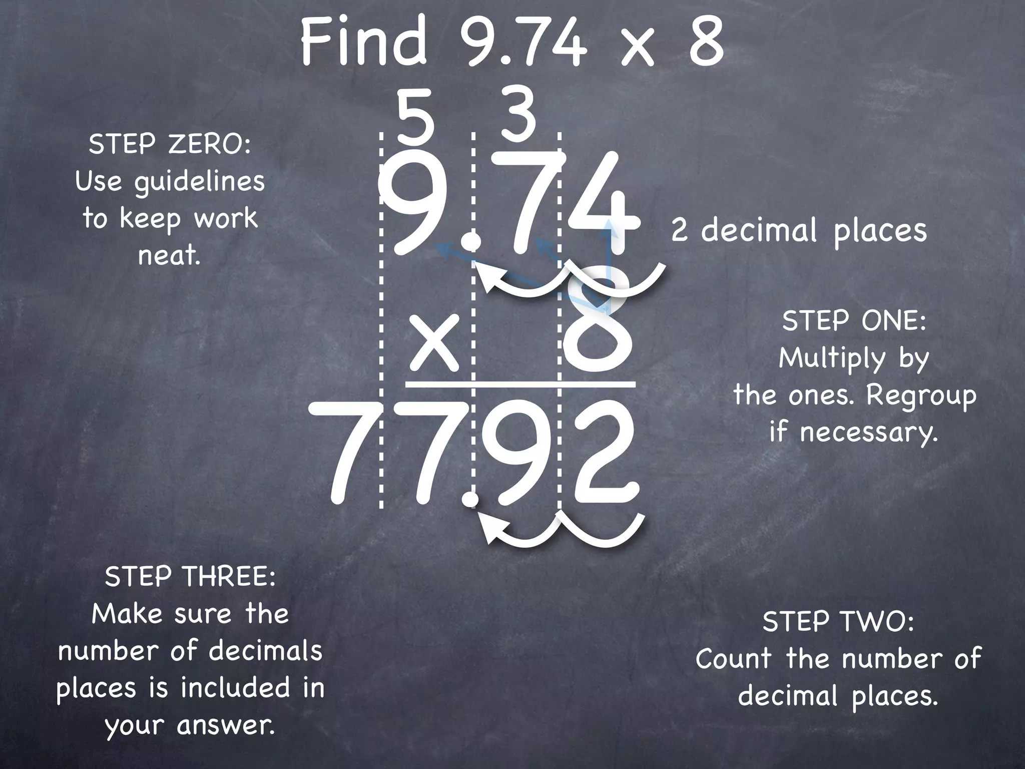 Find 9.74 x 8
                        5 3
                    9.74
  STEP ZERO:
 Use guidelines
 to keep work                 2 decimal places


                    x 8
     neat.

                                     STEP ONE:
                                     Multiply by



                   77.92
                                  the ones. Regroup
                                    if necessary.



    STEP THREE:
   Make sure the                   STEP TWO:
number of decimals             Count the number of
places is included in             decimal places.
    your answer.
 