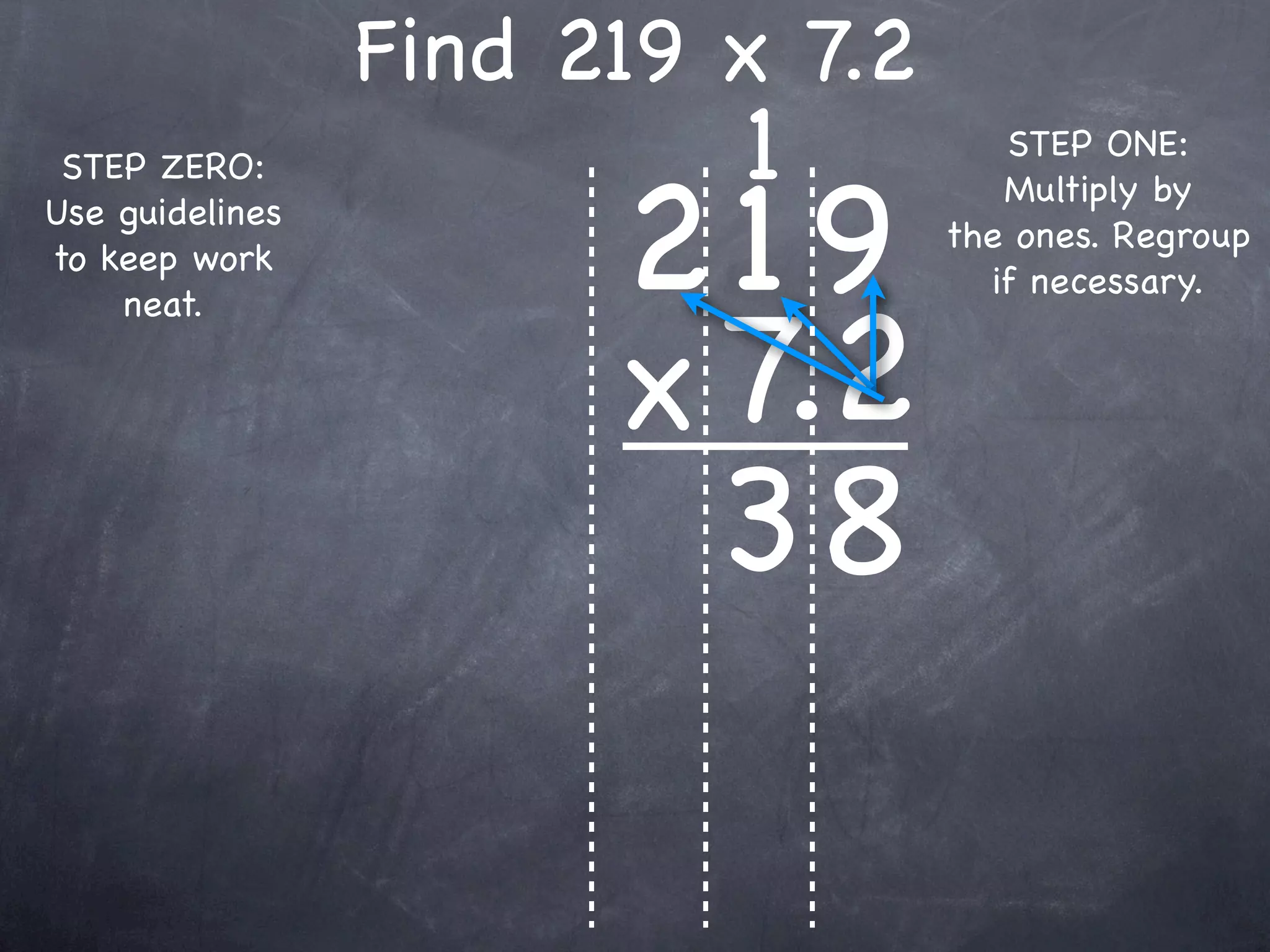 Find 219 x 7.2
                          1          STEP ONE:


                       219
 STEP ZERO:
                                     Multiply by
Use guidelines
                                  the ones. Regroup
to keep work
                                    if necessary.


                       x 7.2
    neat.




                         38
 