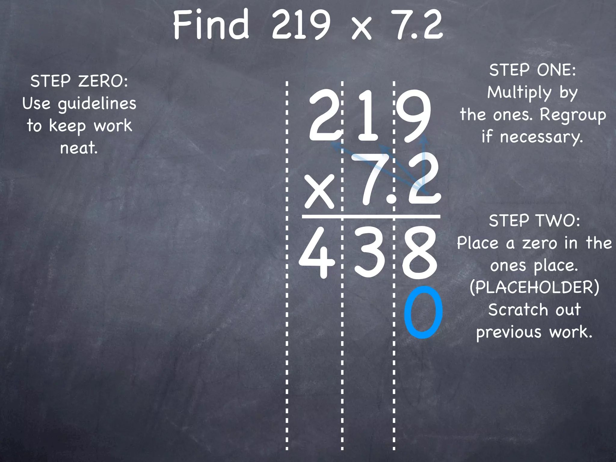 Find 219 x 7.2
                                     STEP ONE:


                       219
 STEP ZERO:
                                     Multiply by
Use guidelines
                                  the ones. Regroup
to keep work
                                    if necessary.


                       x 7.2
    neat.




                       4 38
                                      STEP TWO:
                                  Place a zero in the
                                       ones place.


                           0
                                    (PLACEHOLDER)
                                      Scratch out
                                     previous work.
 