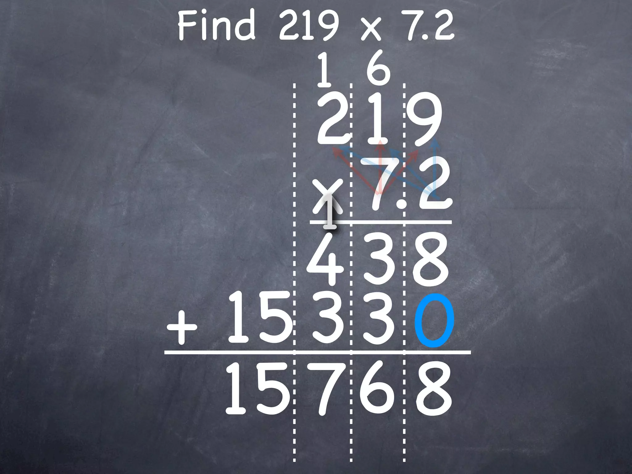 Find 219 x 7.2
      1 6
     219
     x 7.2
     1
     4 38
+ 15 3 3 0
  15 7 6 8
 