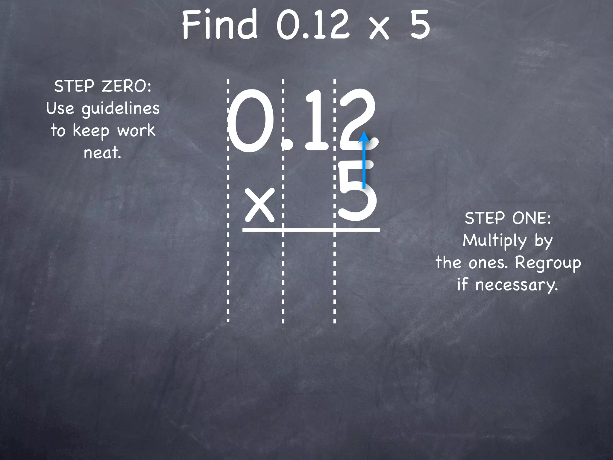 Find 0.12 x 5

                   0.12
 STEP ZERO:
Use guidelines
to keep work



                   x 5
    neat.


                                    STEP ONE:
                                    Multiply by
                                 the ones. Regroup
                                   if necessary.
 
