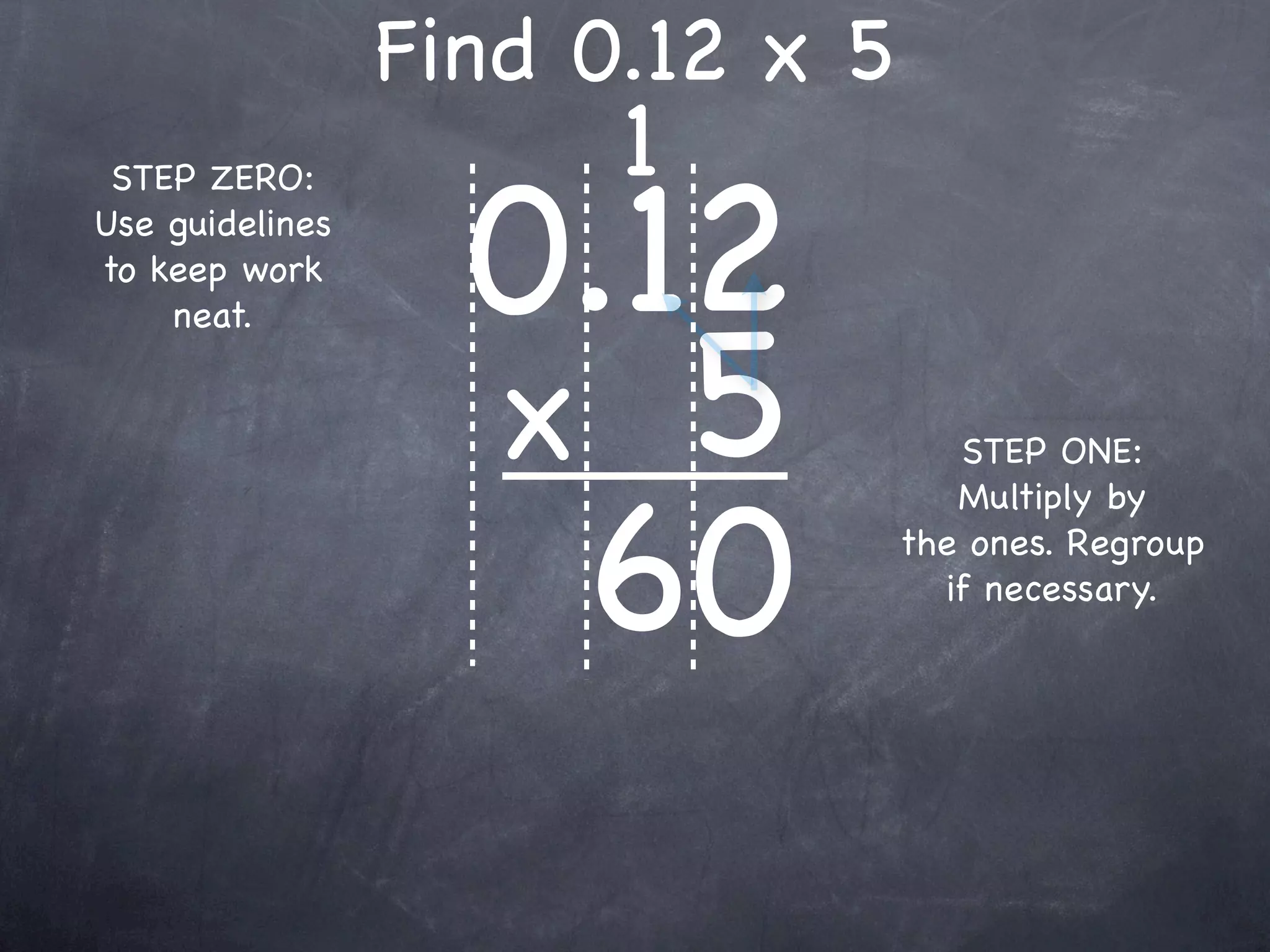 Find 0.12 x 5
                       1
                   0.12
 STEP ZERO:
Use guidelines
to keep work



                   x 5
    neat.


                                    STEP ONE:



                    60
                                    Multiply by
                                 the ones. Regroup
                                   if necessary.
 