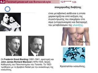 σακχαρώδης διαβήτης

                                             είναι μεταβολική ασθένεια η οποία
                                             χαρακτηρίζεται από αύξηση της
                                             συγκέντρωσης του σακχάρου στο
                                             αίμα (υπεργλυκαιμία) και διαταραχή
                                             του μεταβολισμού της γλυκόζης,




                                                                        Πάγκρεας




Οι Frederck Grant Banting (1891-1941, αριστερά) και
John James Richard Macleod (1876-1935, δεξιά).
Καθηγητές του Πανεπιστημίου του Toronto. Το 1923
τιμήθηκαν με το βραβείο Nobel για την ανακάλυψη της      Κρύσταλλοι ινσουλίνης.
ινσουλίνης.
 