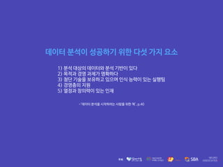 데이터 분석이 성공하기 위한 다섯 가지 요소
-'데이터 분석을 시작하려는 사람을 위한 책', p.40
1) 분석 대상의 데이터와 분석 기반이 있다

2) 목적과 경영 과제가 명확하다

3) 첨단 기술을 보유하고 있으며 인식 능력이 있는 실행팀

4) 경영층의 지원

5) 열정과 창의력이 있는 인재
 