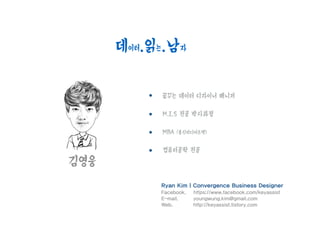 김영웅
꿈꾸는 데이터 디자이너 매니저
M.I.S 전공 박사과정
MBA (통신미디어트랙)
컴퓨터공학 전공
Ryan Kim | Convergence Business Designer
Facebook. https://www.facebook.com/keyassist
E-mail. youngwung.kim@gmail.com
Web. http://keyassist.tistory.com
데이터.읽는.남자
 
