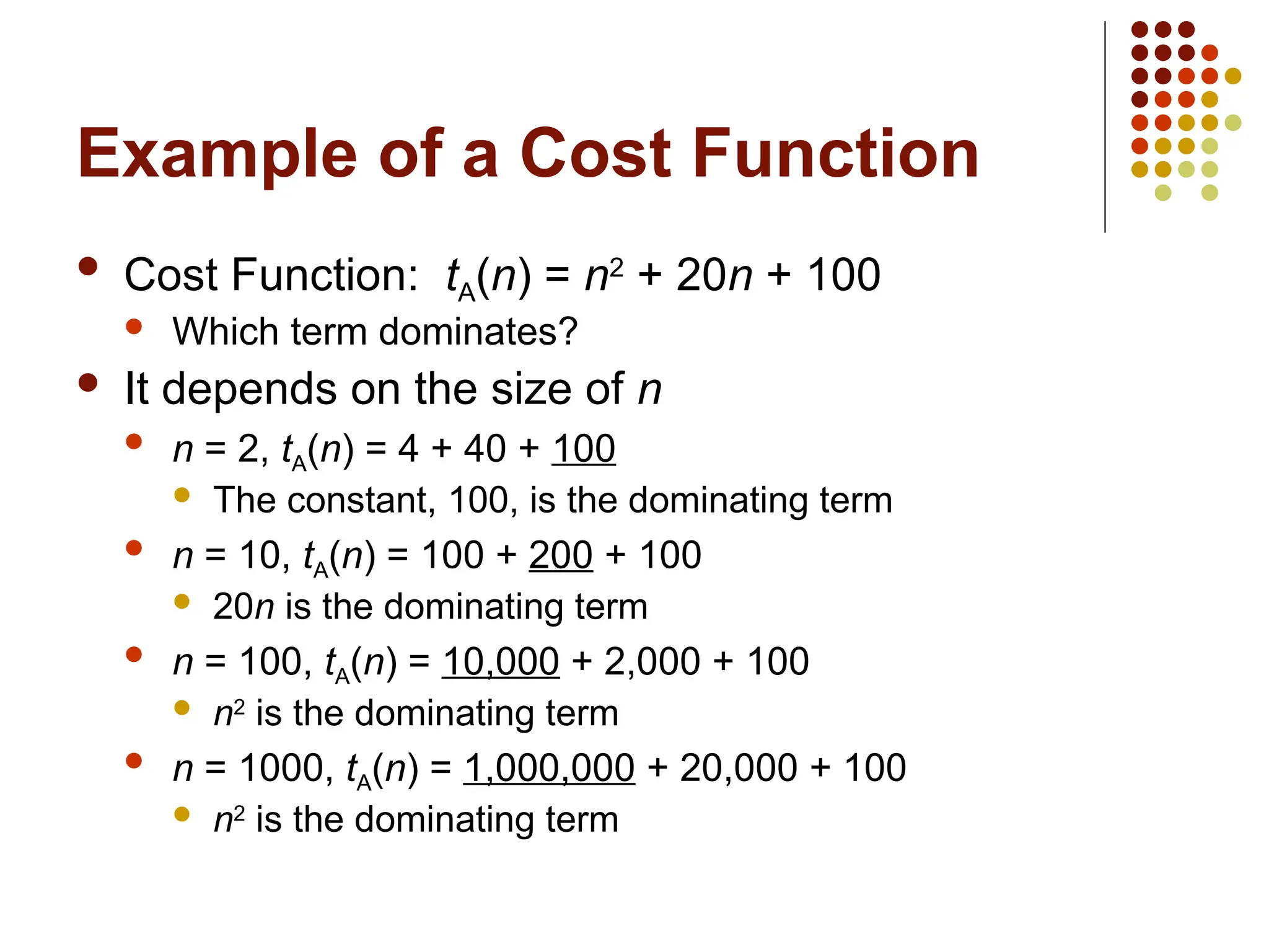Example of a Cost Function
 Cost Function: tA(n) = n2
+ 20n + 100
 Which term dominates?
 It depends on the size of n
 n = 2, tA(n) = 4 + 40 + 100
 The constant, 100, is the dominating term
 n = 10, tA(n) = 100 + 200 + 100
 20n is the dominating term
 n = 100, tA(n) = 10,000 + 2,000 + 100
 n2
is the dominating term
 n = 1000, tA(n) = 1,000,000 + 20,000 + 100
 n2
is the dominating term
 