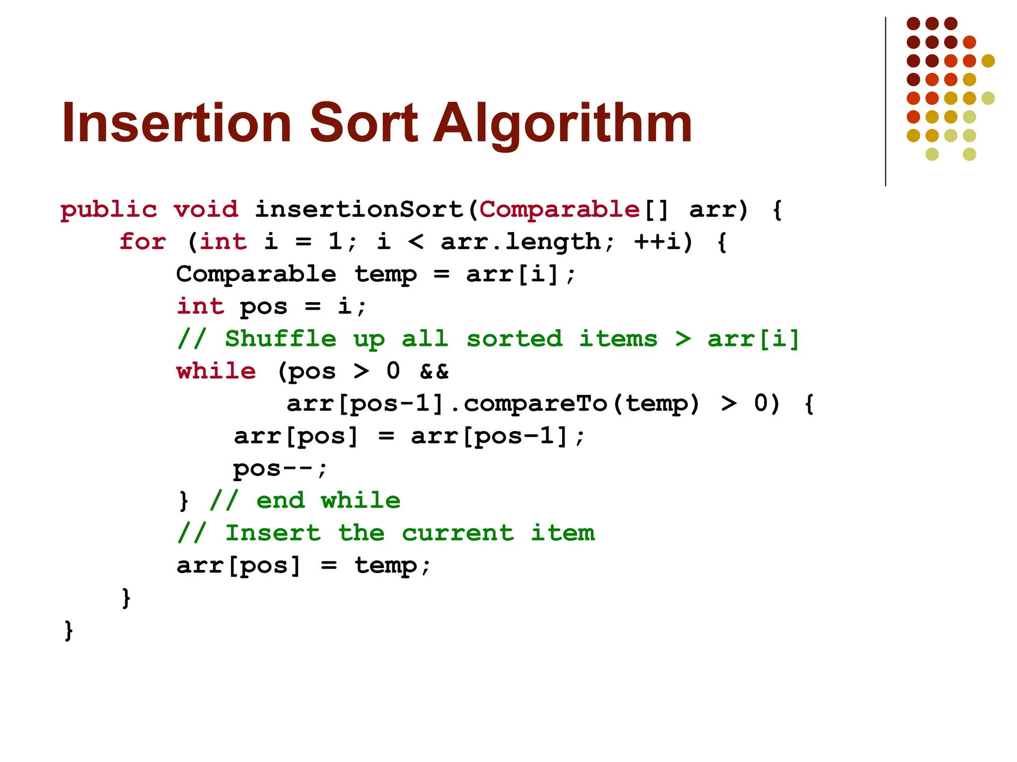 Insertion Sort Algorithm
public void insertionSort(Comparable[] arr) {
for (int i = 1; i < arr.length; ++i) {
Comparable temp = arr[i];
int pos = i;
// Shuffle up all sorted items > arr[i]
while (pos > 0 &&
arr[pos-1].compareTo(temp) > 0) {
arr[pos] = arr[pos–1];
pos--;
} // end while
// Insert the current item
arr[pos] = temp;
}
}
 